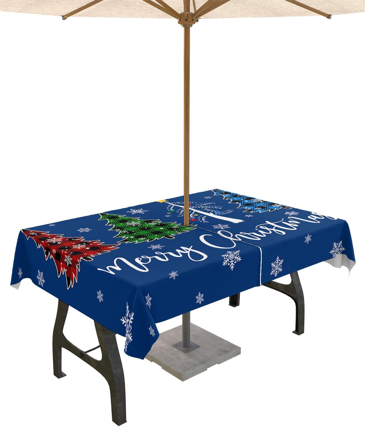 Outdoor Tablecloth with Umbrella Hole & Zipper, Navy Blue Christmas Rectangle Tablecloth 60x84 Inch, Xmas Tree Winter Snowflake Patio Table Cover Waterproof Table Cloth for Picnic/Party