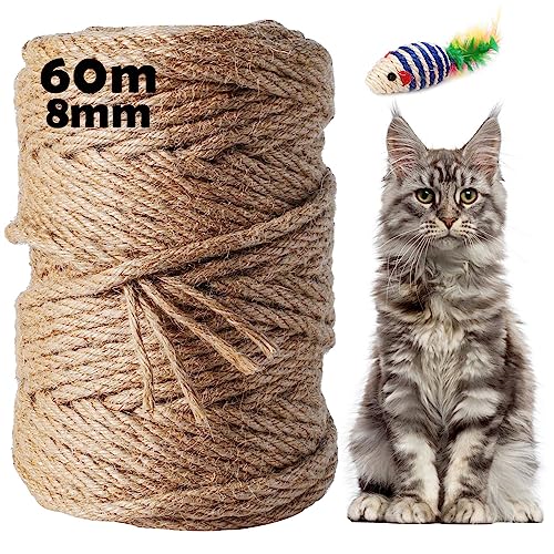 Chuner Cuerda de Sisal 60m x 8mm, Natural Cuerda Cañamo Rascador, Cuerda Sisal Adecuado para Postes de Patas de Gato Almohadillas de Patas de Gato Artesanías, Accesorios de Bricolaje Manualidades