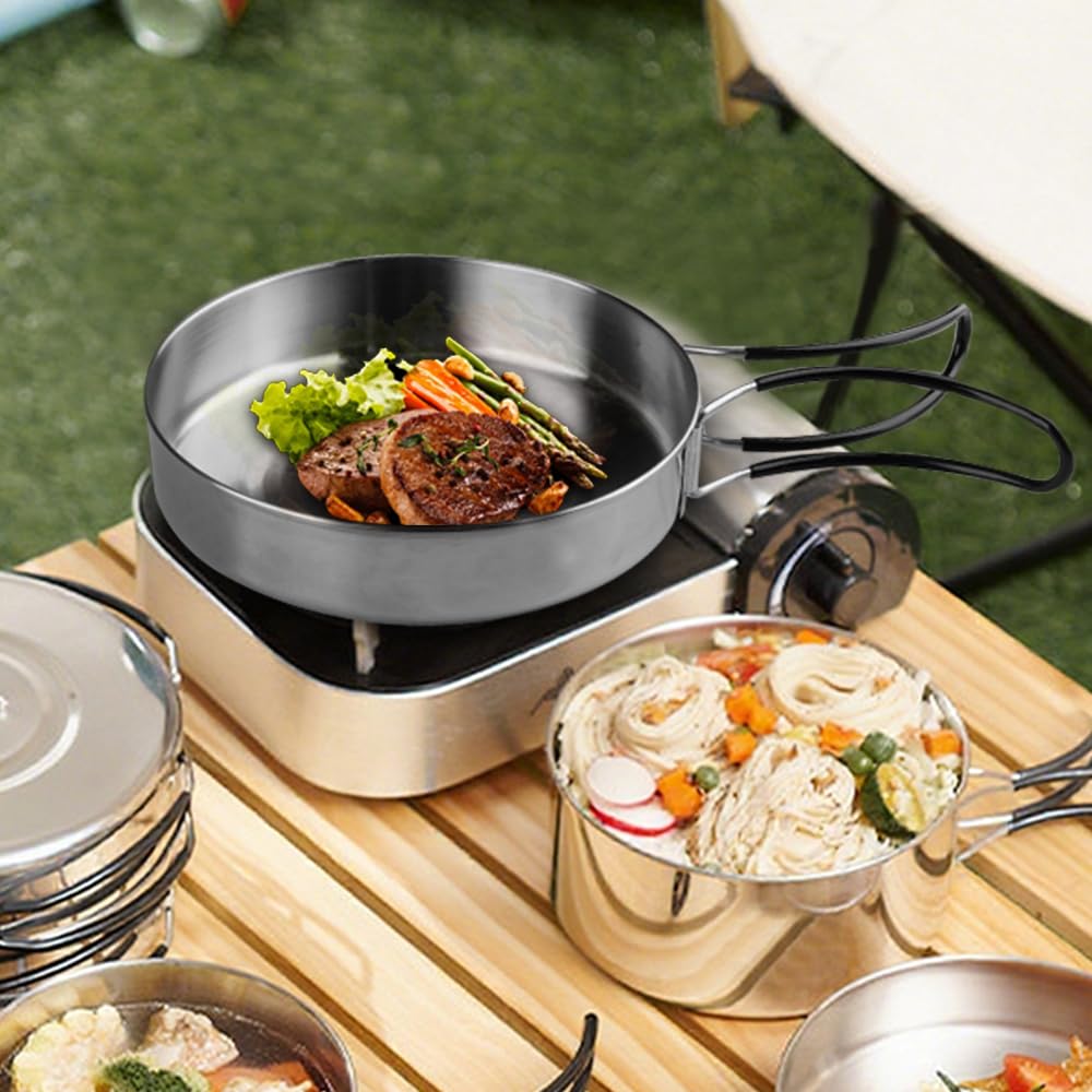 Kit De Casseroles De Camping, 9 Pièces, Casserole Empilable Camping,Popote De Camping INOX, 2-3 Personnes, Casseroles Et Poëles De Camping, pour Pique-Nique, Camping, Randonnée