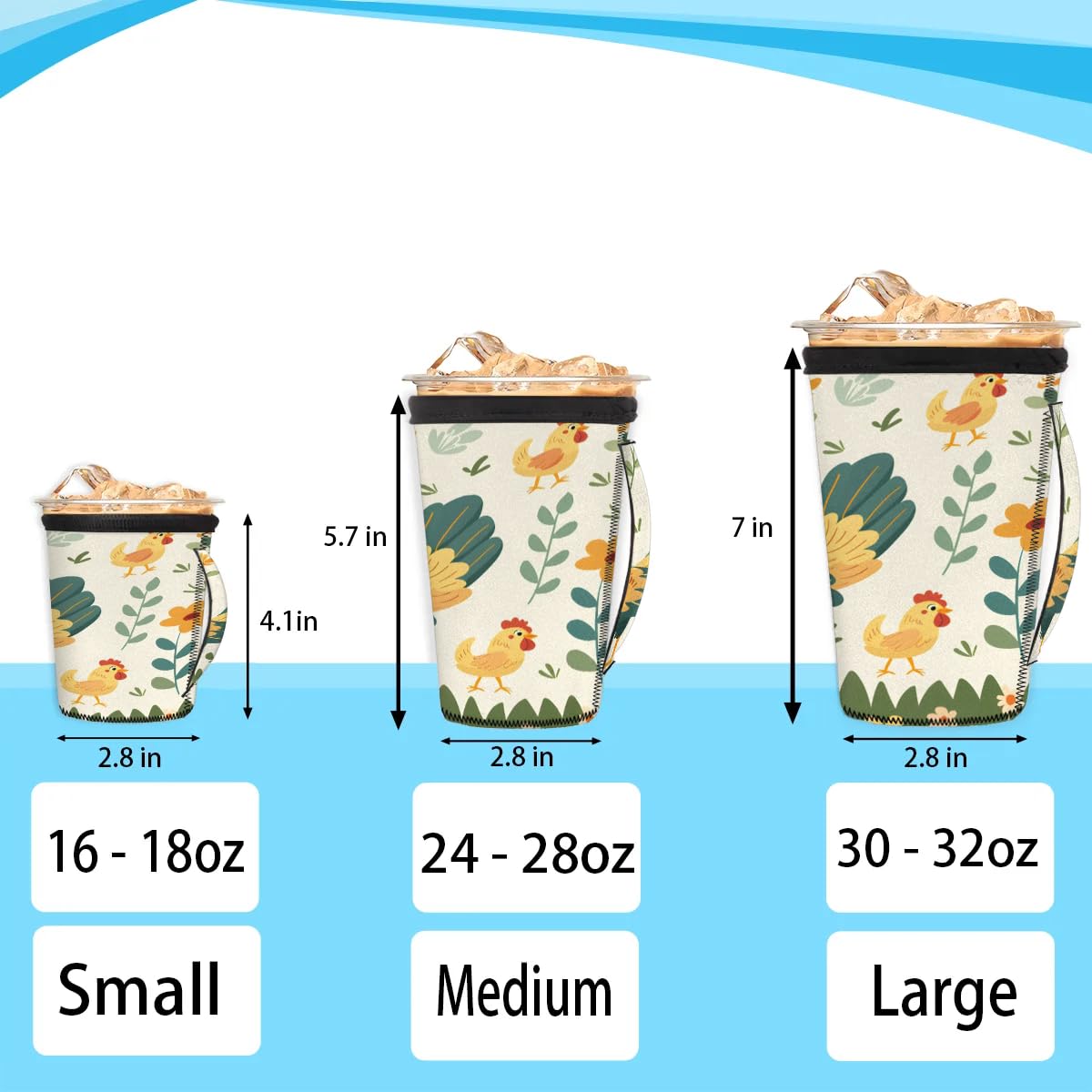 Meadow Rooster Chick Flower M Reusable Iced Insulator Coffee Sleeves Neoprene Insulated Sleeves With Handle Coffee Sleeves for Iced Coffee Cups Drinks