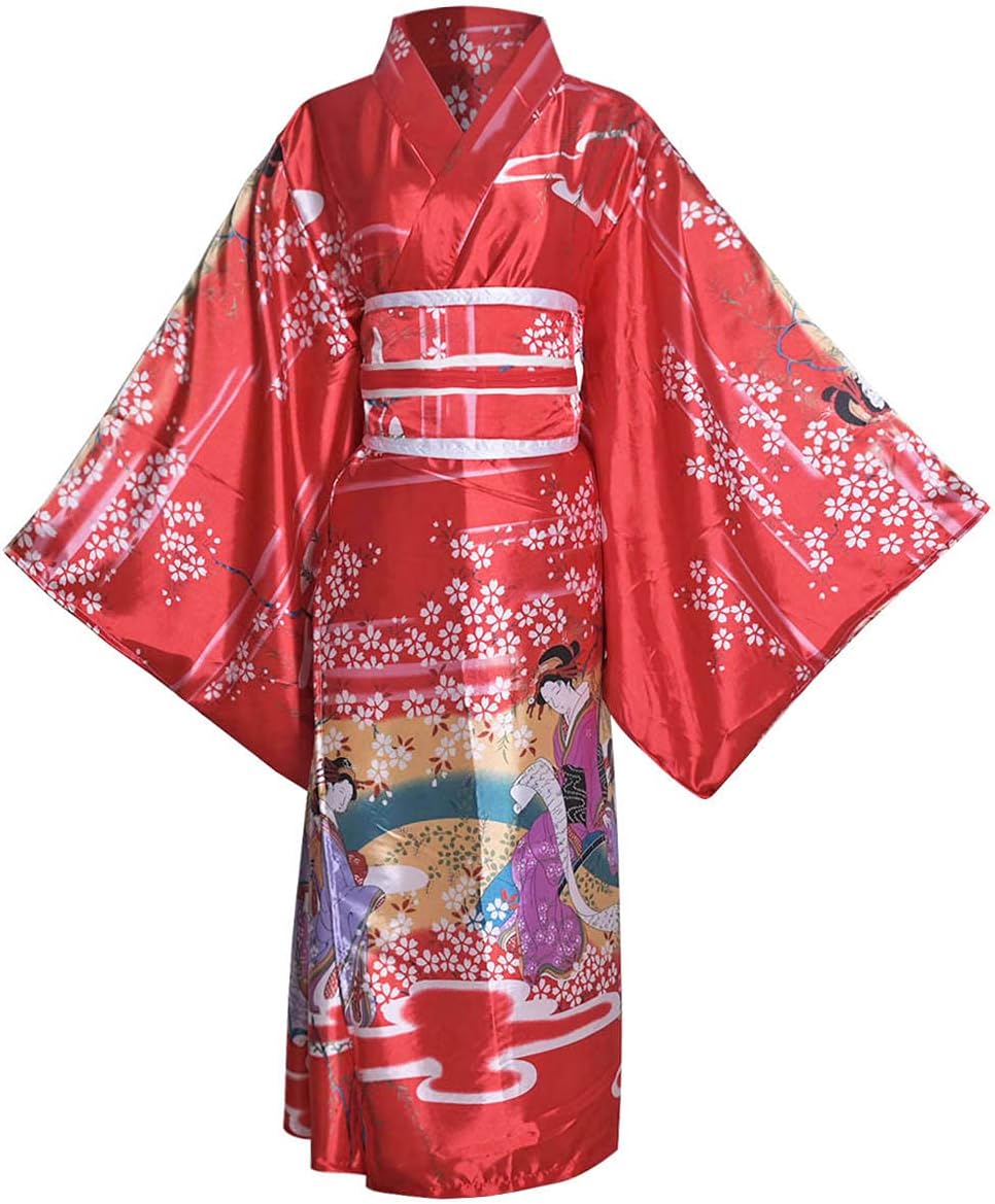 Kimono Costume Floral Print Geisha Long Robe Japanese Bathrobe Sleepwear Belt with Bow Outfit