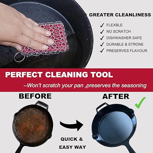 Miniatura 2 de Depurador de malla de hierro fundido con inserto de silicona roja, fácil de agarrar, limpiador de sartén de hierro fundido -Esponja de metal de