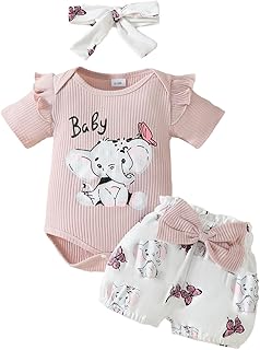 JiAmy Conjuntos de Verano para Recien Nacido 3 Piezas, Bebés Niña Monos Animal Impreso Manga Corta con Volantes Bordado Pa...