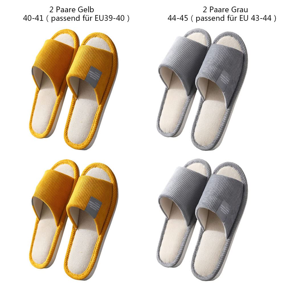 Juego de 4 pares de zapatillas unisex para invitados, pantuflas de baño, pantuflas de hotel, pantuflas de spa, antideslizantes, lavables, de algodón, pantuflas de lino para parejas, talla: