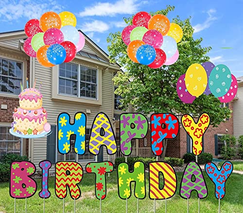 Birthday Yard Decorations-Happy Birthday Yard Signs 15" Big Size with Stakes Weatherproof Corrugated Happy Birthday Board for Outdoor Lawn Birthday Decorations