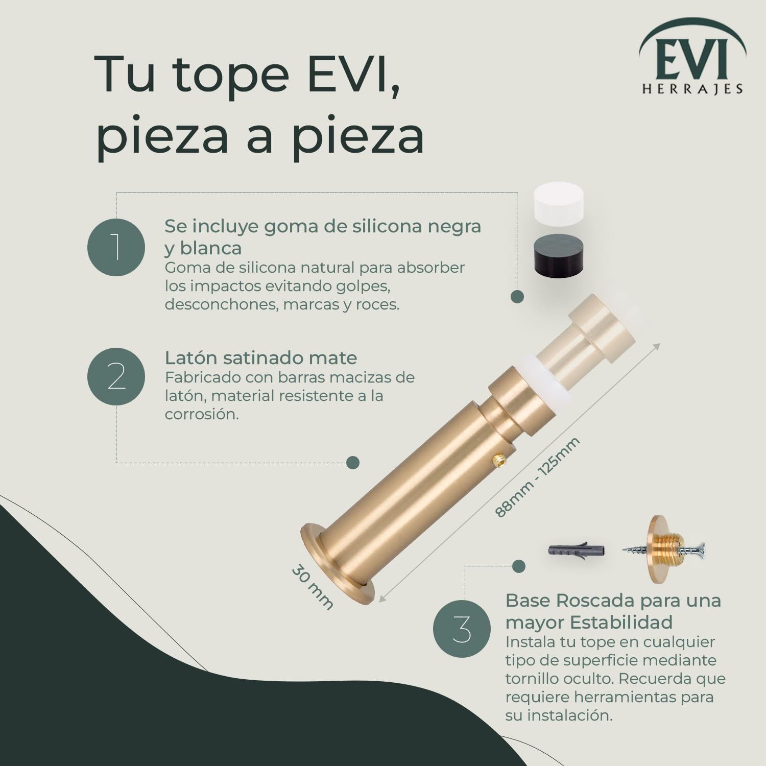 EVI Herrajes | Tope de Puerta para Colocación en Pared | Longitud Regulable: 88-125 mm | Acero Inoxidable | Goma de Silicona Blanca | Amortiguador Anti Golpes | I-182BCB