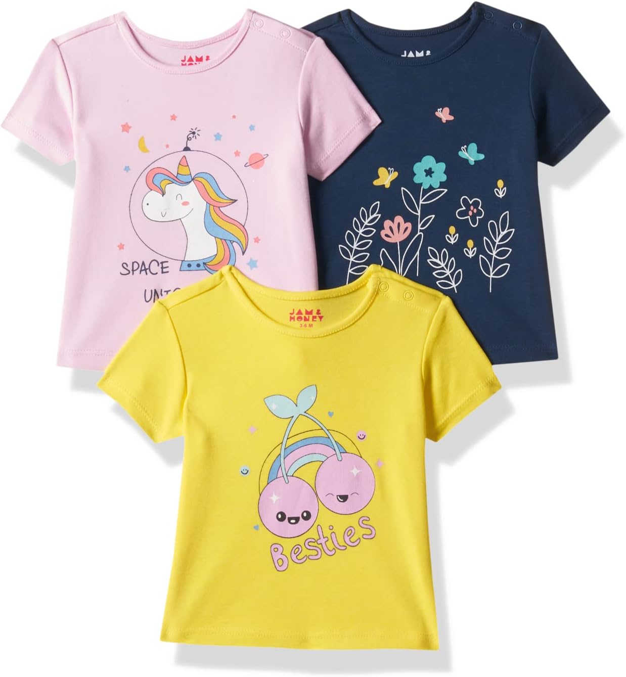 Amazon Brand - Jam & HoneyBaby-Girl's 100% Soft & Pure Cotton Short Sleeve Stylish Comfy Printed T-Shirts (Pack of 3)