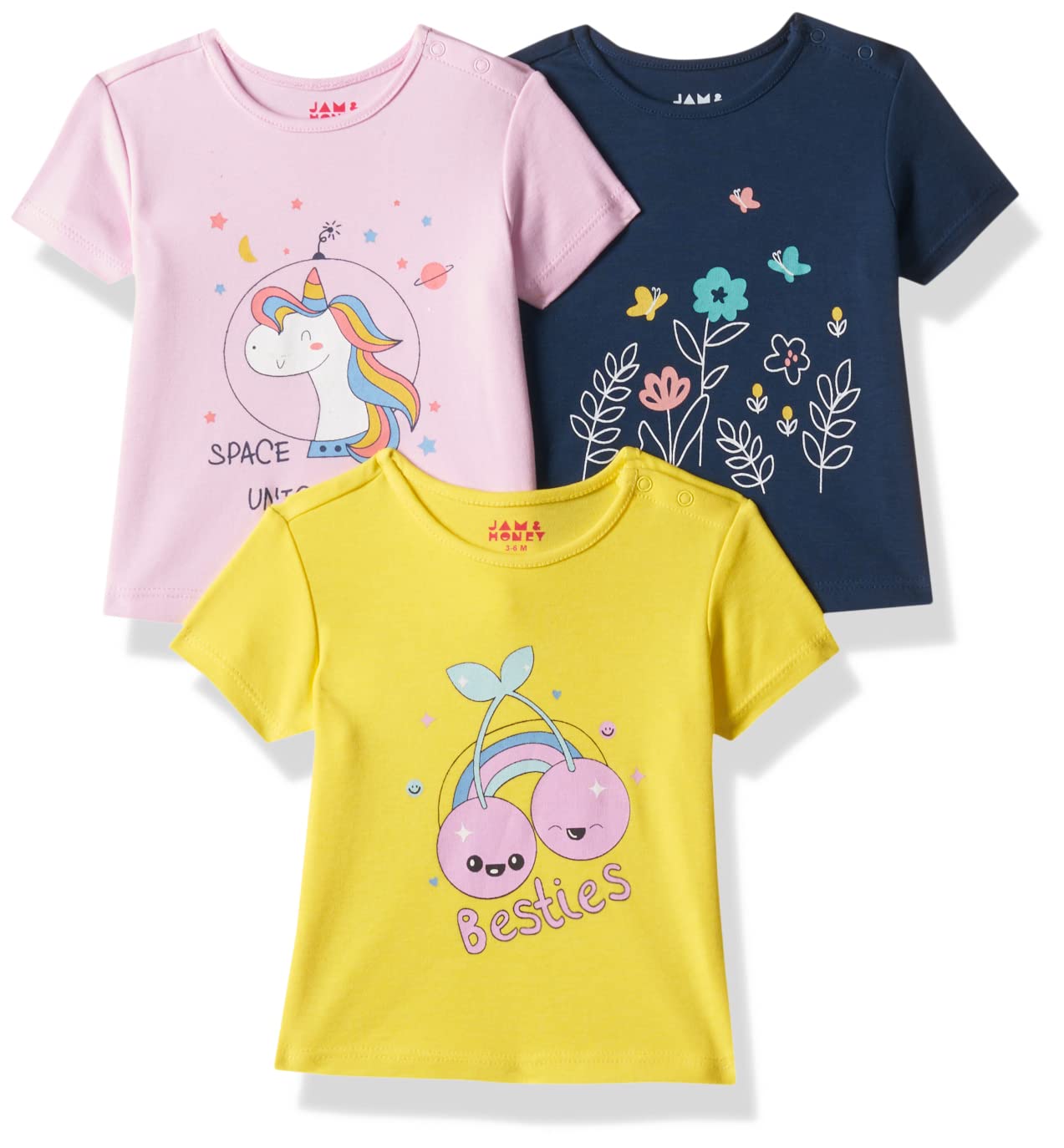 Amazon Brand - Jam & HoneyBaby-Girl's 100% Soft & Pure Cotton Short Sleeve Stylish Comfy Printed T-Shirts (Pack of 3)