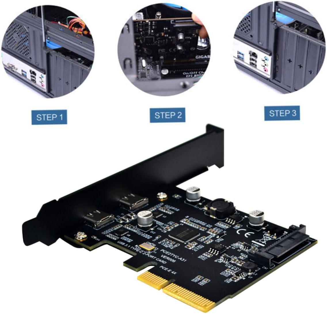 10Gbps USB Pci-e Expansion Card Dual Type-C Ports High-Speed Computer Riser Converter with Metal Heatsink Compatible with Pci-e for Desktop