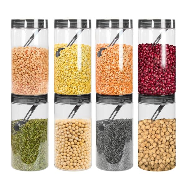 Image of PEARLPET Plastic Containers for Kitchen Storage | Plastic Container Set with Spoon | BPA-Free, Stackable Jars | Black, 1400ml (Set of 8)