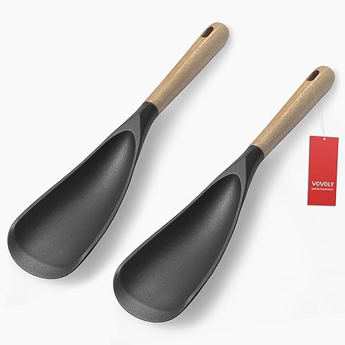 VOVOLY Cuchara de cocina para utensilios de cocina antiadherentes, cuchara de silicona para mezclar, recoger y raspar (negro, paquete de 2 unidades,