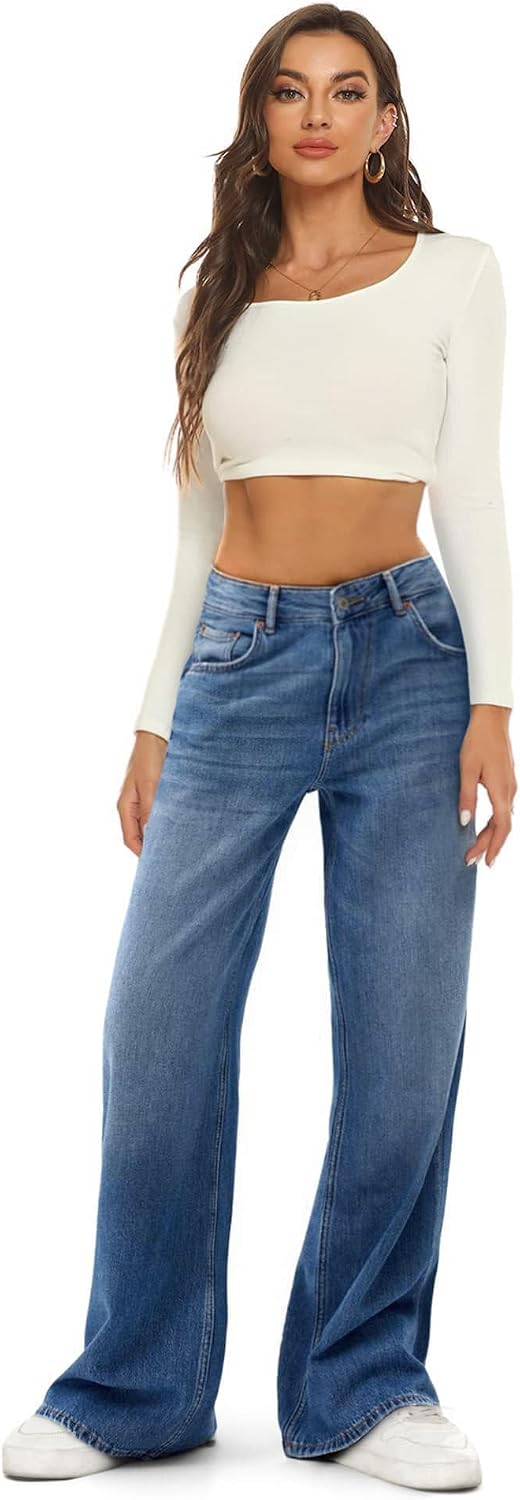 HDLTE Straight Leg Jeans for Women, High Waisted Wide Leg Jeans Loose Stretchy Denim Pants Trousers Trendy with Pockets