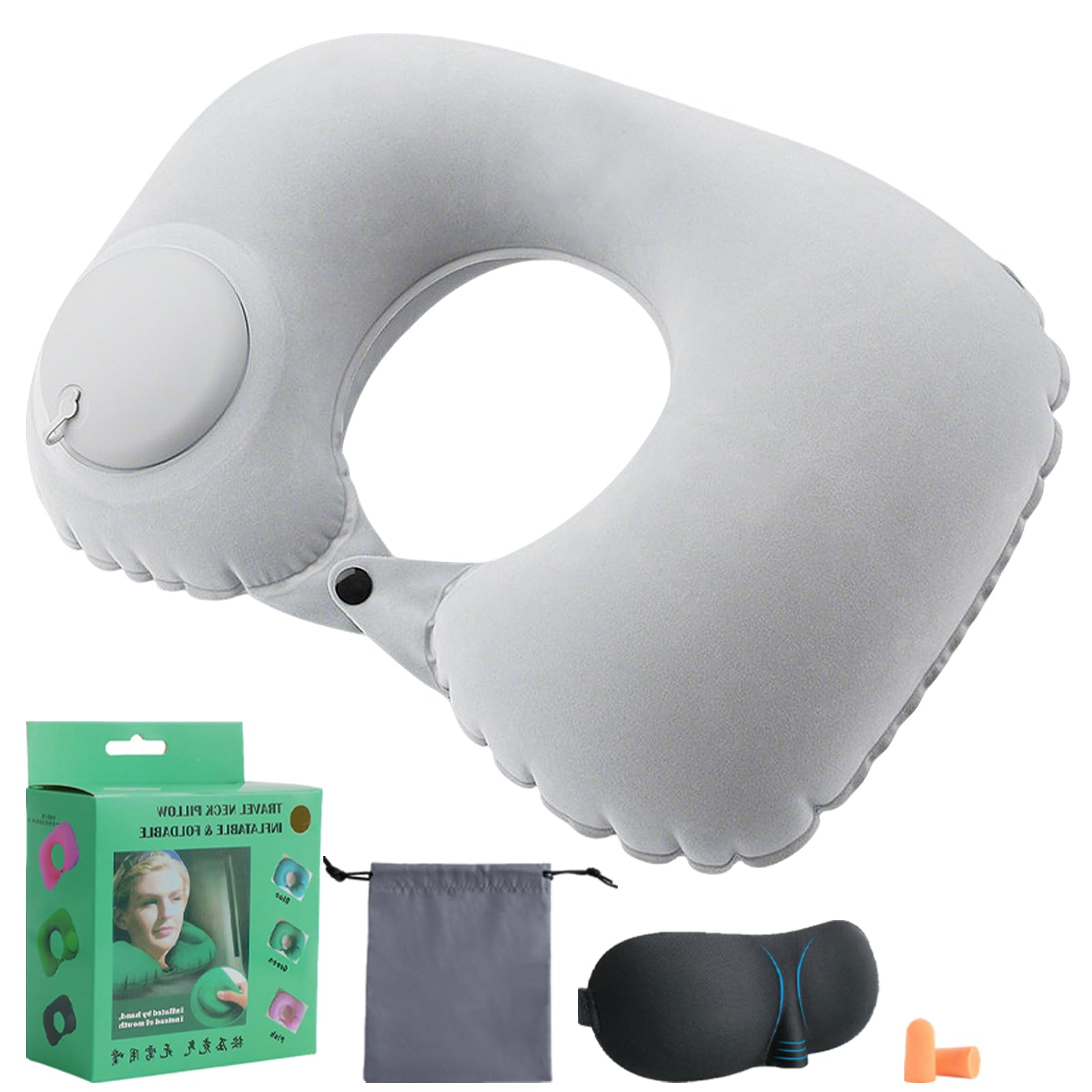 Apolloptimum Grey Neck Pillow For Travel,Travel Pillow And Eye Mask With Earplugs,Storage Bag & Box,Compact Inflatable Neck Pillow For Travelers,130G Lightweight Inflatable Neck Cushion For Airplane,Train,Car (Grey)