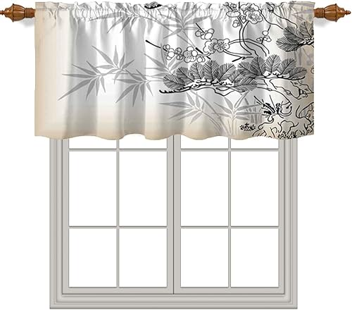 Cortina cenefa, patrón japonés floral, cortinas de cocina, con bolsillo para cortina, cenefa de tratamiento para ventana de baño, 42 x 18 pulgadas,