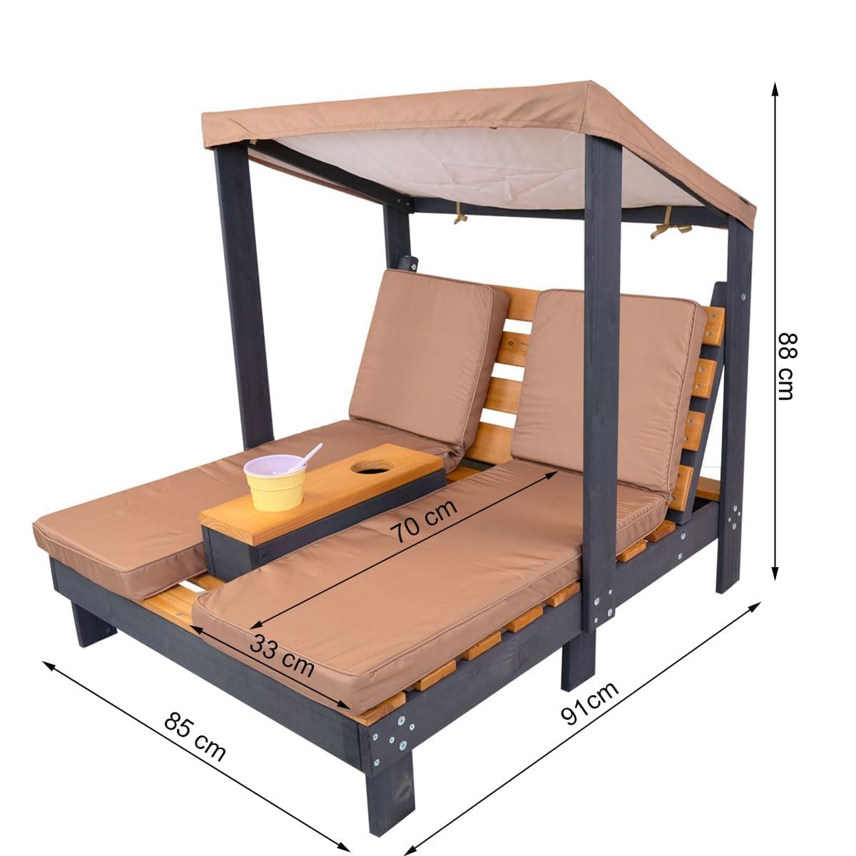 Meppi Chaise Longue Double pour Enfants Bornholm en Bois avec Porte-gobelet et Protection Solaire, pour Jardin