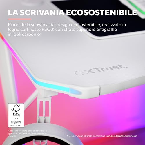 GXT 709W Luminus Scrivania Gaming LED RGB, 10 Modalità Colore, Alimentazione USB, Tavolo Gaming 120 x 60 con Supporto per Cuffia e Portabicchiere, Scrivania Bianca Ufficio, Streaming - Scrivania Gaming - Immagine 6