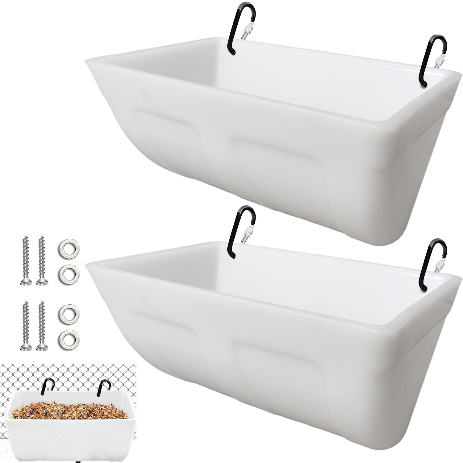 2 Pack Feeder Feed Trough and Waterer Bucket with Clips Chicken Hanging Fence Feeder Poultry Feed Trough for Goat Sheep Deer Poultry Duck Chicken Fence Feeder Livestock Feeding Container (White)