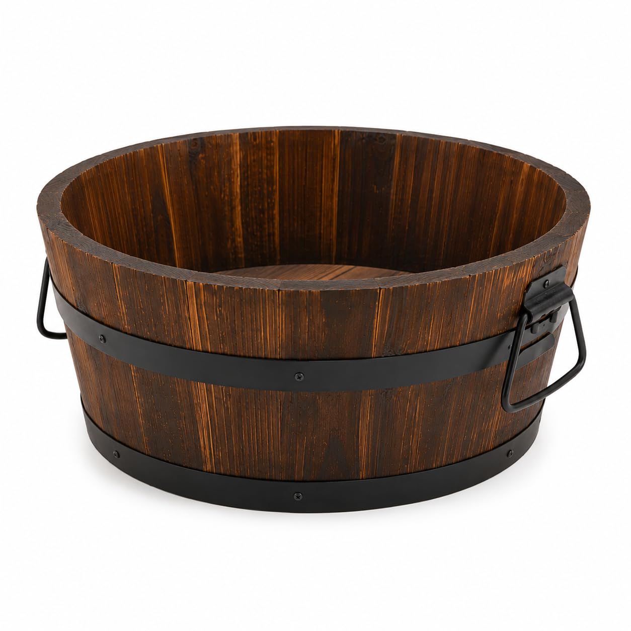 Muddy Hands Brown Burnt Wood Half Whiskey Barrel Wooden Planter Round Plant Pot Outdoor Garden (Medium)