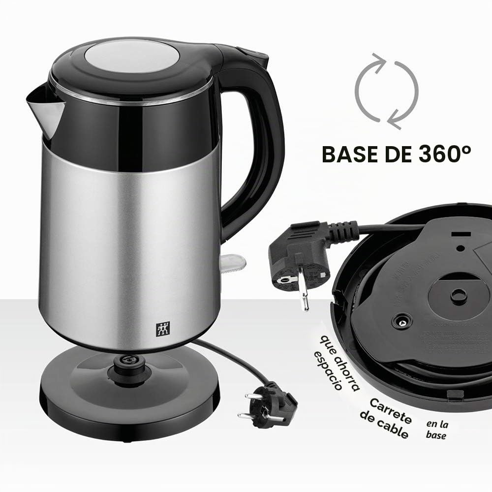 Hervidor Eléctrico Zwilling con Indicador de nivel de agua, Apagado automático, Doble pared, Asa resistente al calor, Inalámbrico, Filtro de malla antical, Tapa con bisagra, Plateado y Negro