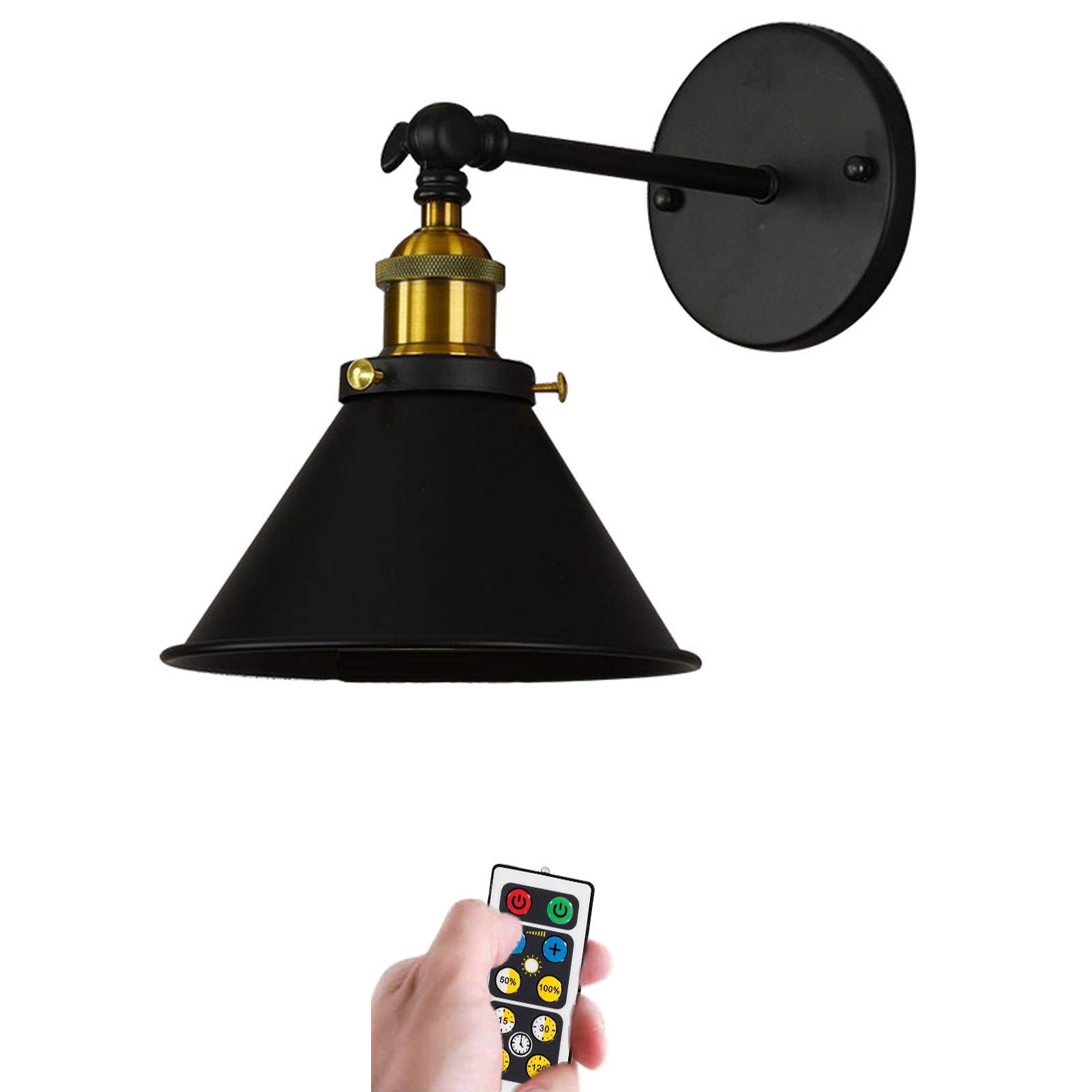 YuanlingVintage Swing Arm Wall Light Antique Industrial Black Wall Lamp, Led Remote Control Battery Operated Indoor Wireless Wall Sconce Light Fixture for Aisle Loft Room Bedside Wall Decor