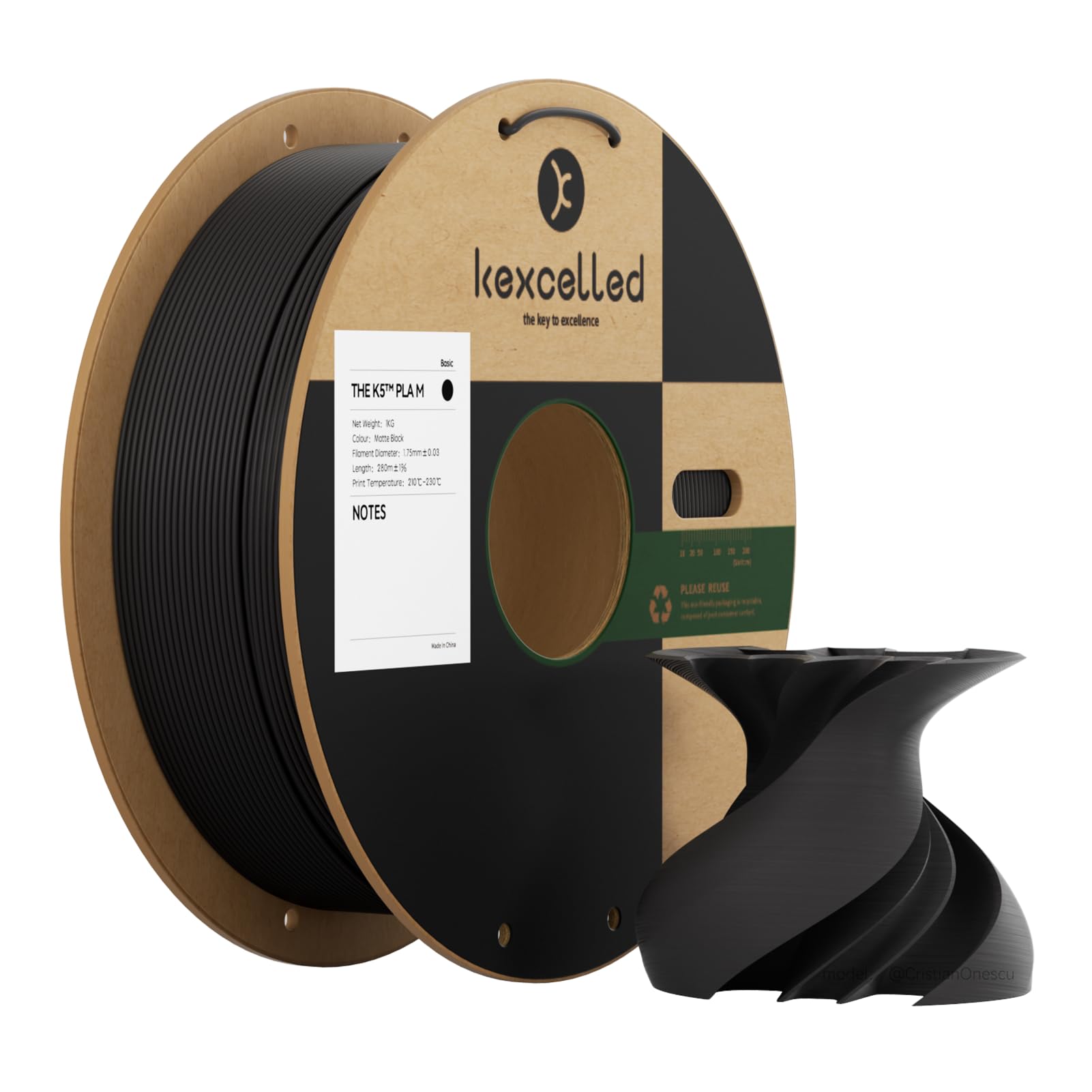 kexcelled PLA Mat Filamento per Stampante 3D 1,75 mm +/- 0,03 mm, Texture di Colore Matta, Adatto a Moltissime Stampanti FDM, Bobina da 1 kg (2,2 lbs), Nero