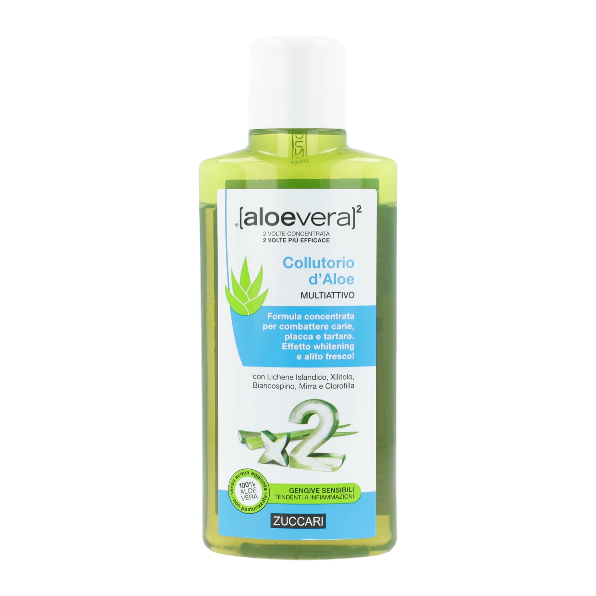 Zuccari Aloevera2 Collutorio 250ml – Con Aloe Vera, Salvia, Xilitolo e Vitamine, anti-placca e anti-carie, azione whitening e alito fresco, ideale per gengive sensibili