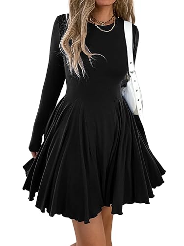 Mieazom Women’s Long Sleeve Casual Swing Dress – A-Line Fit and Flare Skater Dress, Stretchy Mini Dress for Fall Winter - Black - X-Large