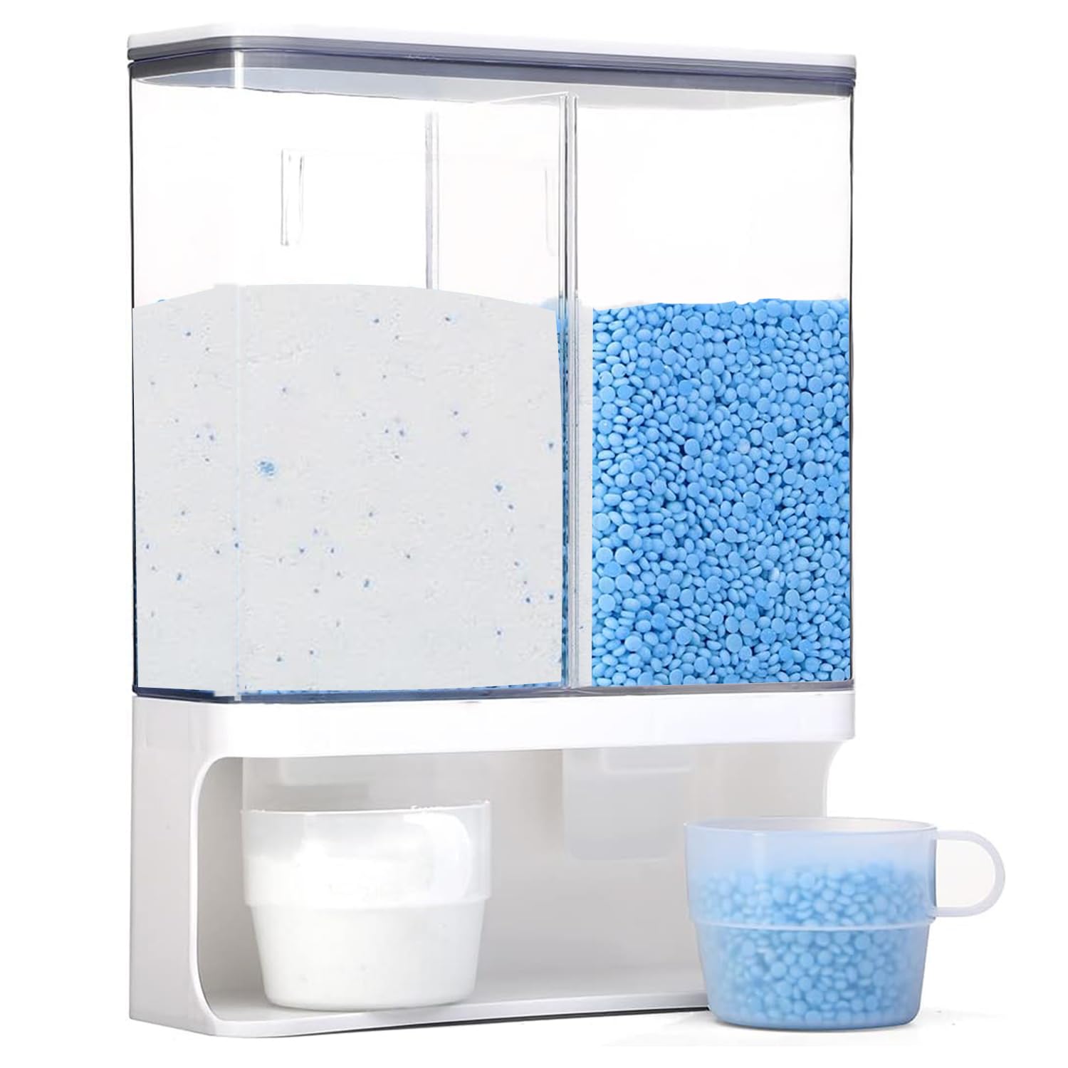 3L Washing Powder Storage,Laundry Pods Storage Container with 2 Cups,Wall-Mounted Double Laundry Storage Containers,Laundry Detergent Dispenser with Lids for Fairy Scent Booster Beads,Rice,Cereal,Food