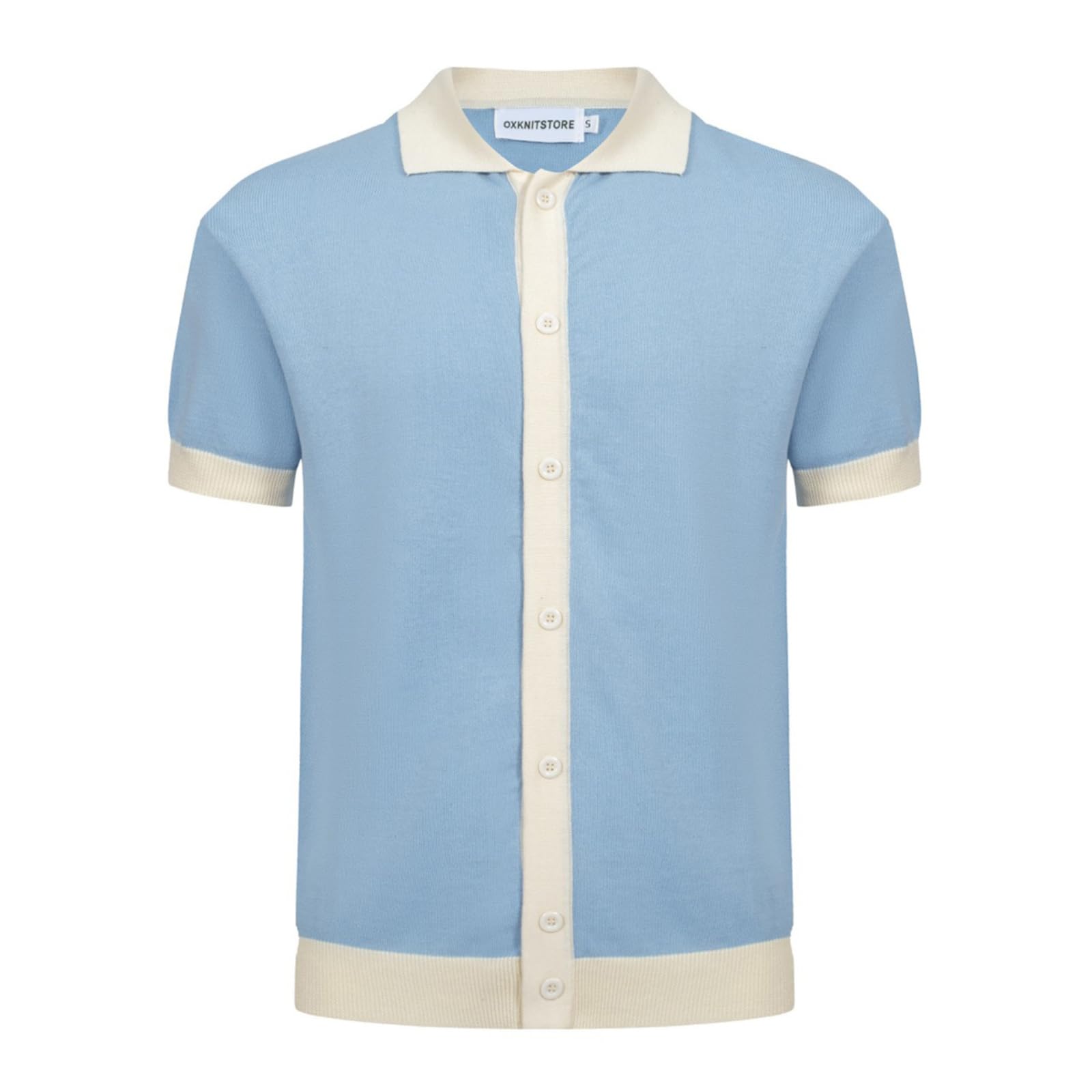 OXKnit Poloshirt Herren Kurzarm Lässiges Vintage-Stil der 1960er Jahre mit klassischen Knöpfen Blau Polohemd Shirt