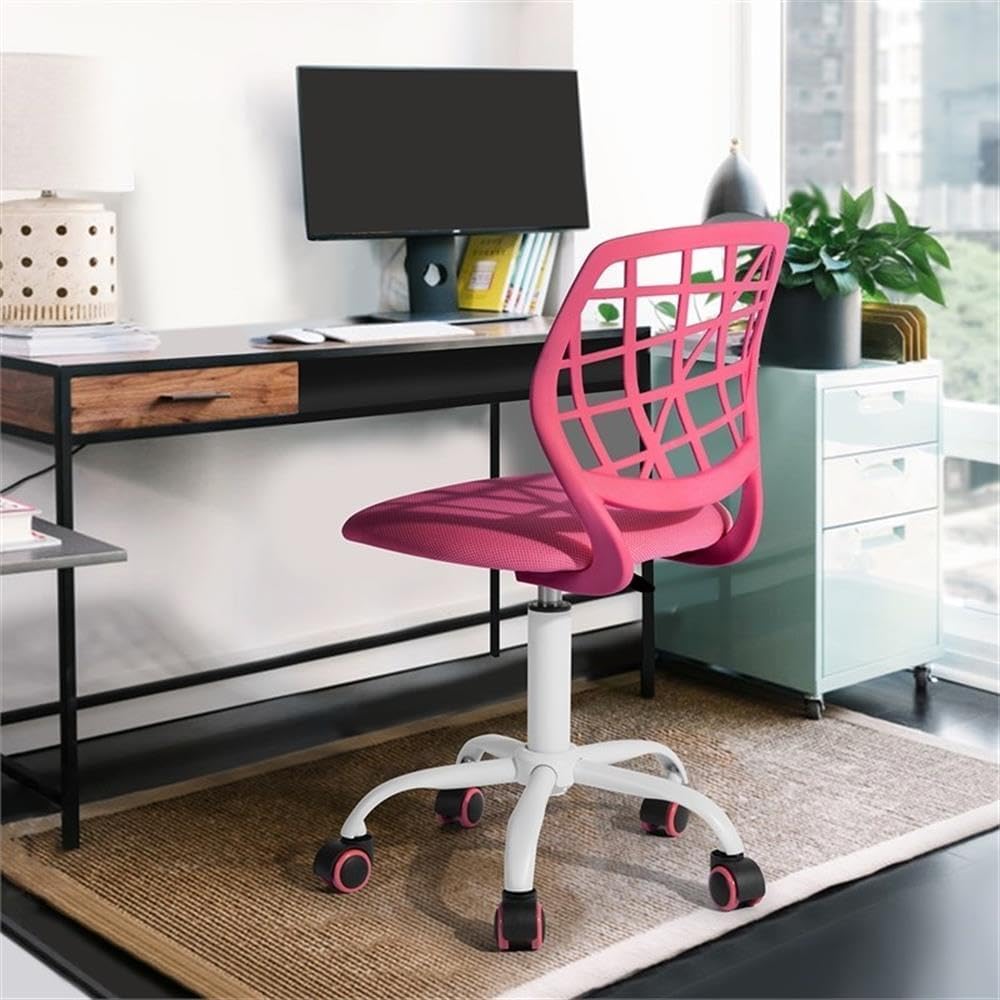 Pemberly Row Pink Mesh Back Office Chair, Adjustable Height, Armless Task Chair with Padded Seat, Ergonomic Lumbar Support, 360-Degree Swivel Wheels, Modern Design for Home Office or Study Room