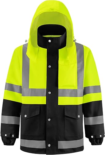 Safety Rain Jacket with Hood,Waterproof Reflective High Visibility | 360 visibility, sealed zippers, lightweight 300D Oxford fabric, machine washable, unisex fit for construction & outdoor work