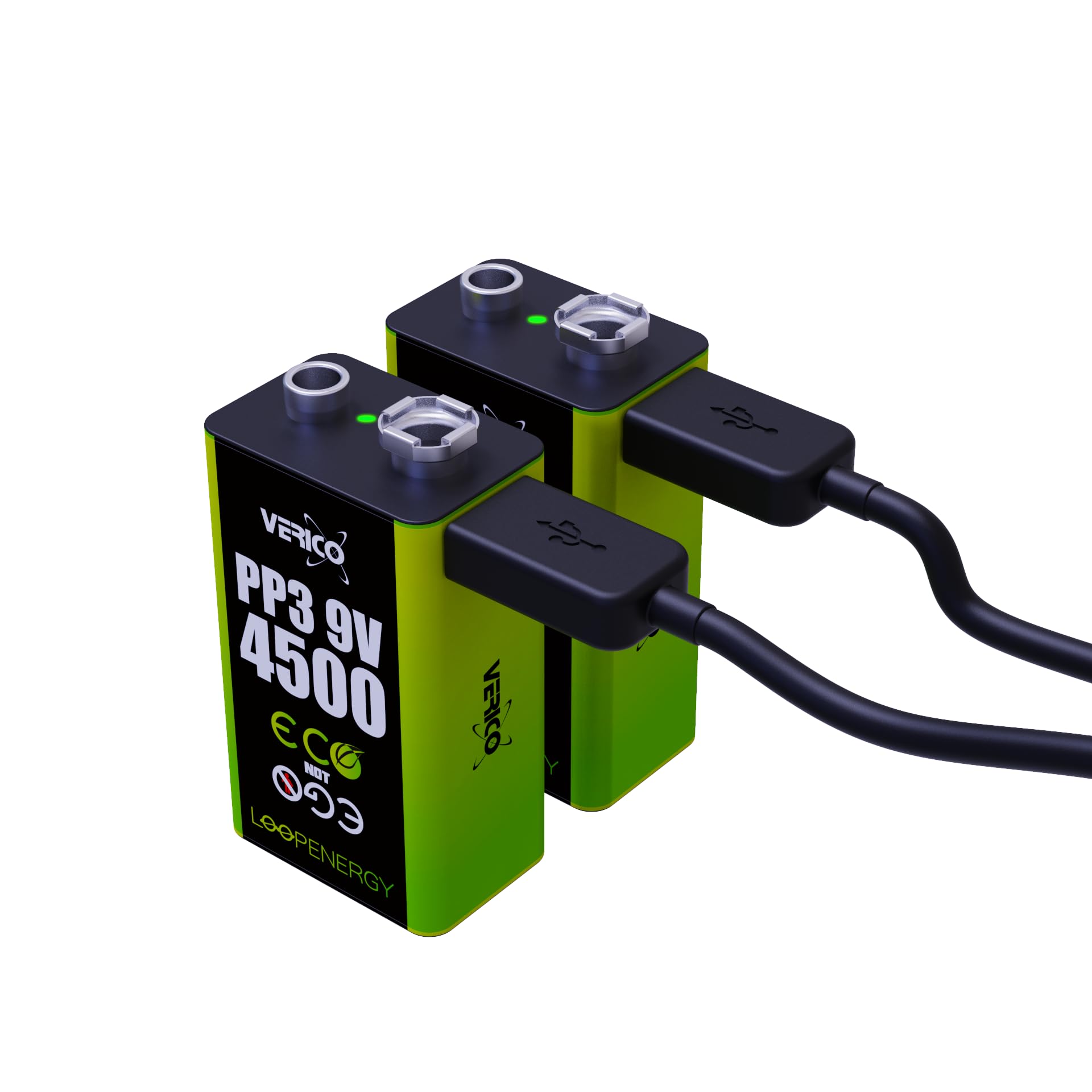 VERICO LoopEnergy - Confezione da 4 blocchi da 9 V, PP3, 4500 mWh, batterie ricaricabili USB-C agli ioni di litio, 2 cavi di ricarica USB tipo A a 2 tipi C