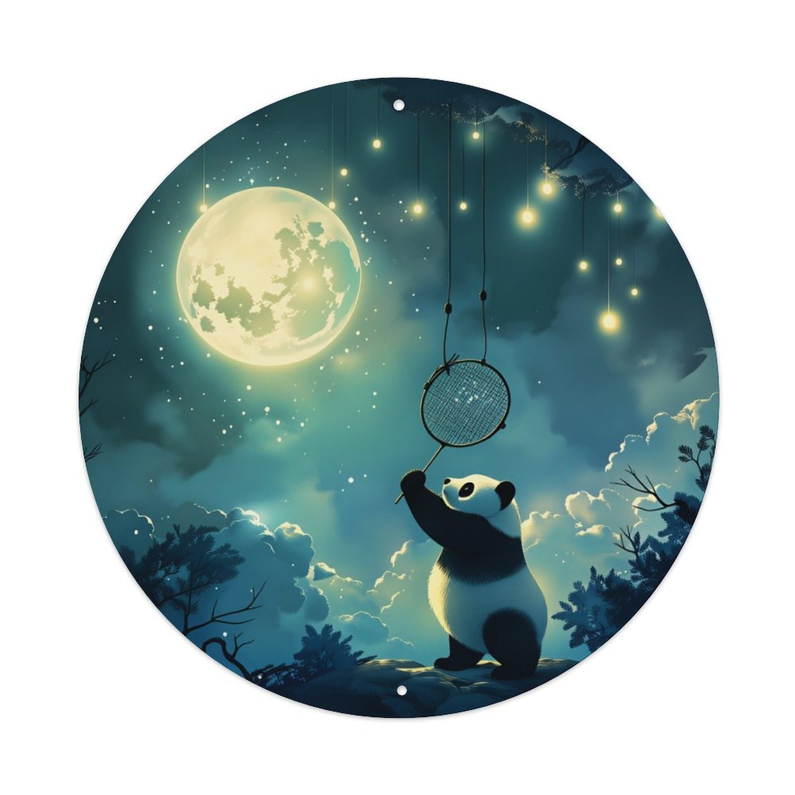 Wmlzdnwr Vintage Panda Holding Net Under Moonlit Sky With Stars Round Tin Sign,Retro Wall Art,Metal Poster For Home, Bar, Garage, Cafe, Rustic Indoor & Outdoor Decor, 8X8 Inches
