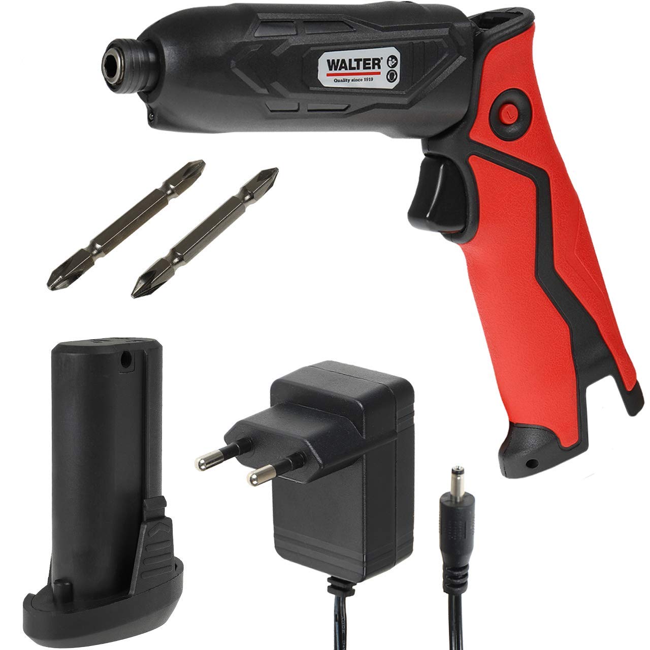 WALTER Akku-Knickschlagschrauber 7,2 V, inkl. Ladegerät | LED-Arbeitsleuchte, Akku-Ladestandsanzeige, Rechts-/Linkslauf, ergonomischer Handgriff, 2 Bits