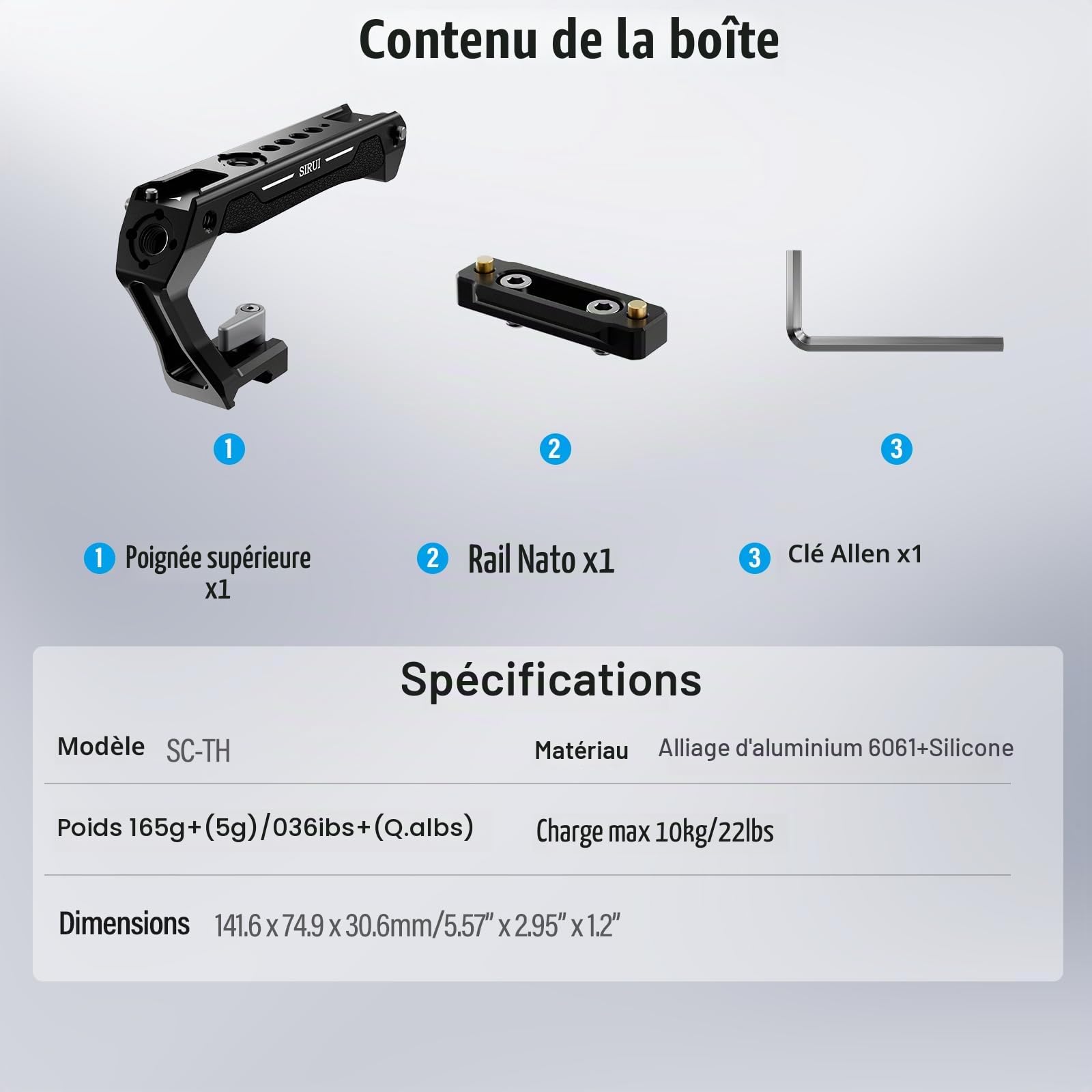 SIRUI Poignée Supérieure avec Rail OTAN - Poignée Légère en Silicone pour Cage d'Appareil Photo - Poignée Supérieure Universelle avec Chaussures Froides - Filetage 1/4" et Filetage Arri 3/8" - SC-TH
