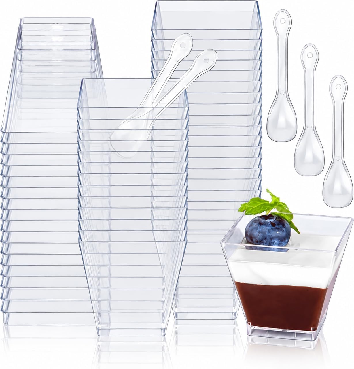 Oomcu 50 Pack 7oz Square Clear Plastic Dessert Cups & Spoons โ Disposable Parfait Cups for Yogurt, Ice Cream, Jello, Candy, Salad, Appetizers, Mousse,Snack, Pudding, Party Serving