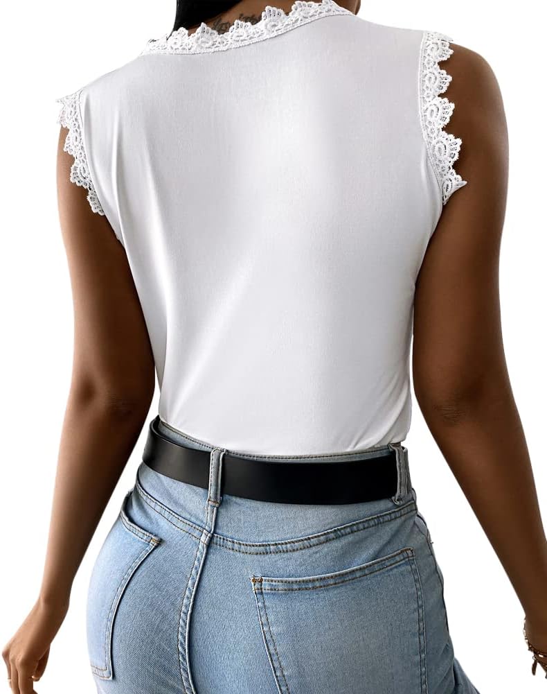 Womens Lace Tank Top Blouse Sleeveless Summer Casual Crew Neck Slim Fit Hollow Out Shirt - Image 2
