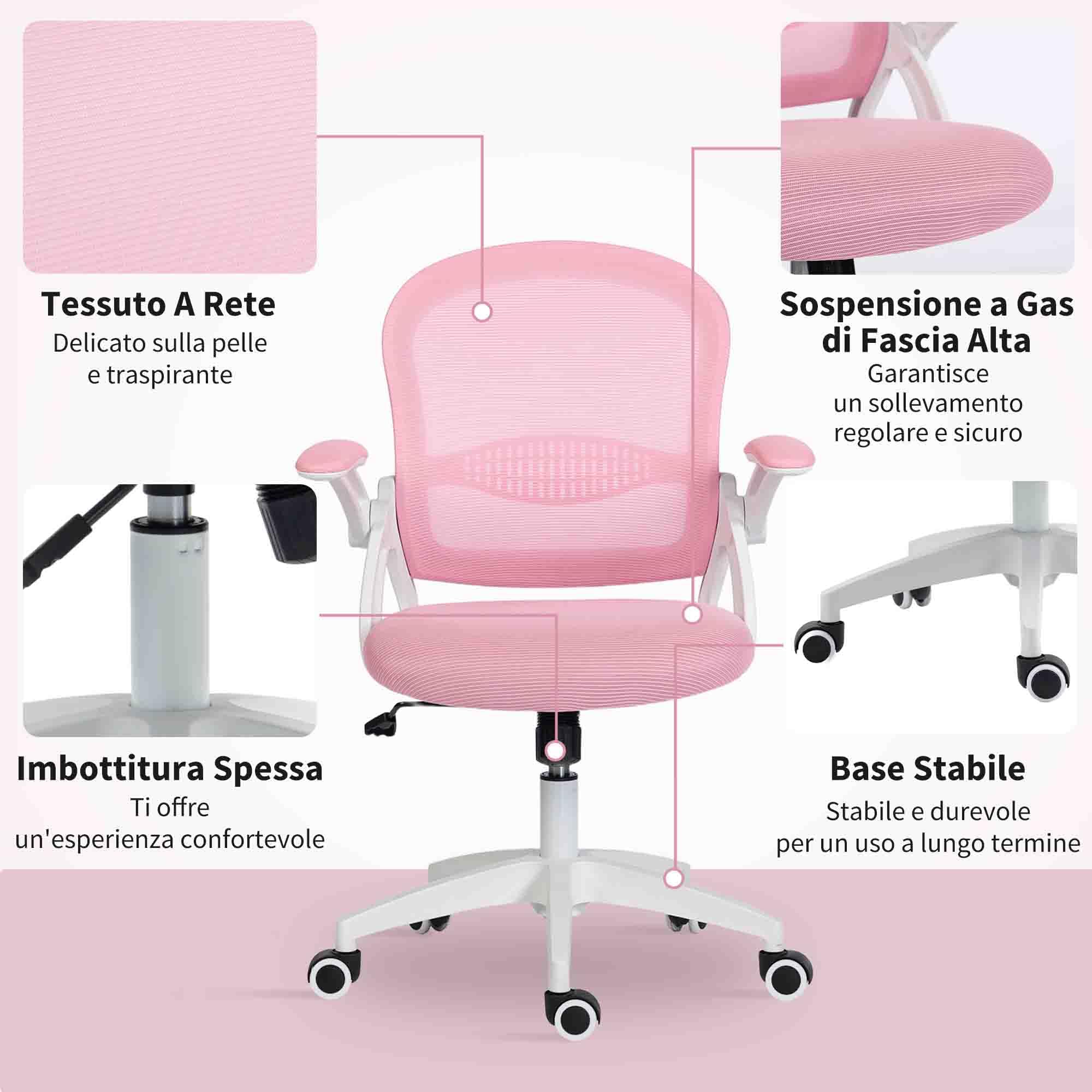 Vinsetto Sedia Ufficio con Funzione Dondolo, Braccioli Regolabili, Rosa | Altezza Regolabile, Sedia Scrivania con Schienale a Rete, Ruote, Seduta Imbottita, 65.5x61.5x88-97.5 cm