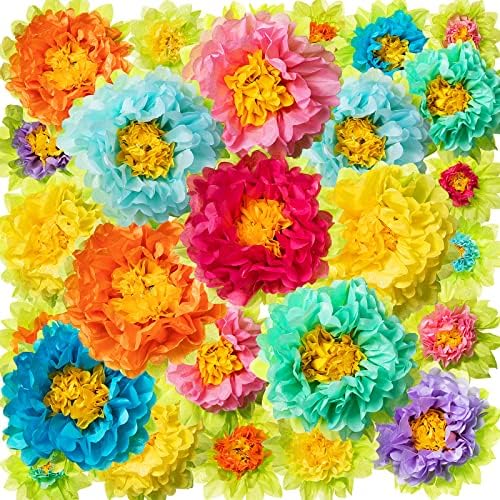 40 Pcs Colorful Tissue Paper Flowers Fiesta Paper Flowers Mexican Party Decorations Carnival Pom Pom Flower Decor for Wall DIY Crafting Rainbow Party Backdrop Baby Shower Wedding Birthday