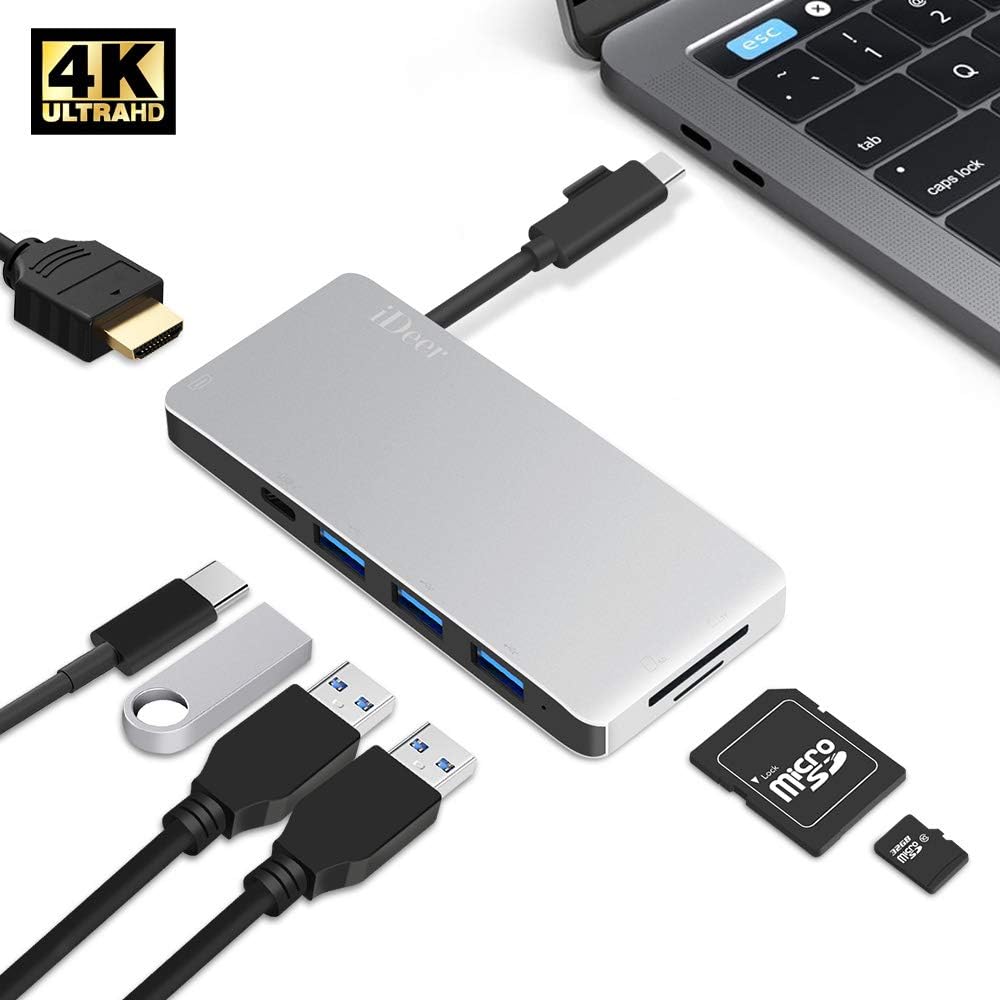 USB C Hub,iDeer Type C Hub 6 In 1 Multi-Ports USB C Hub Adapter with 4K HDMI,USB C 3.0 Charging Ports,3 USB 3.0,SD/TF Card Reader for 12" MacBook,MacBook Pro,Google Chromebook and more USB C Devices.A