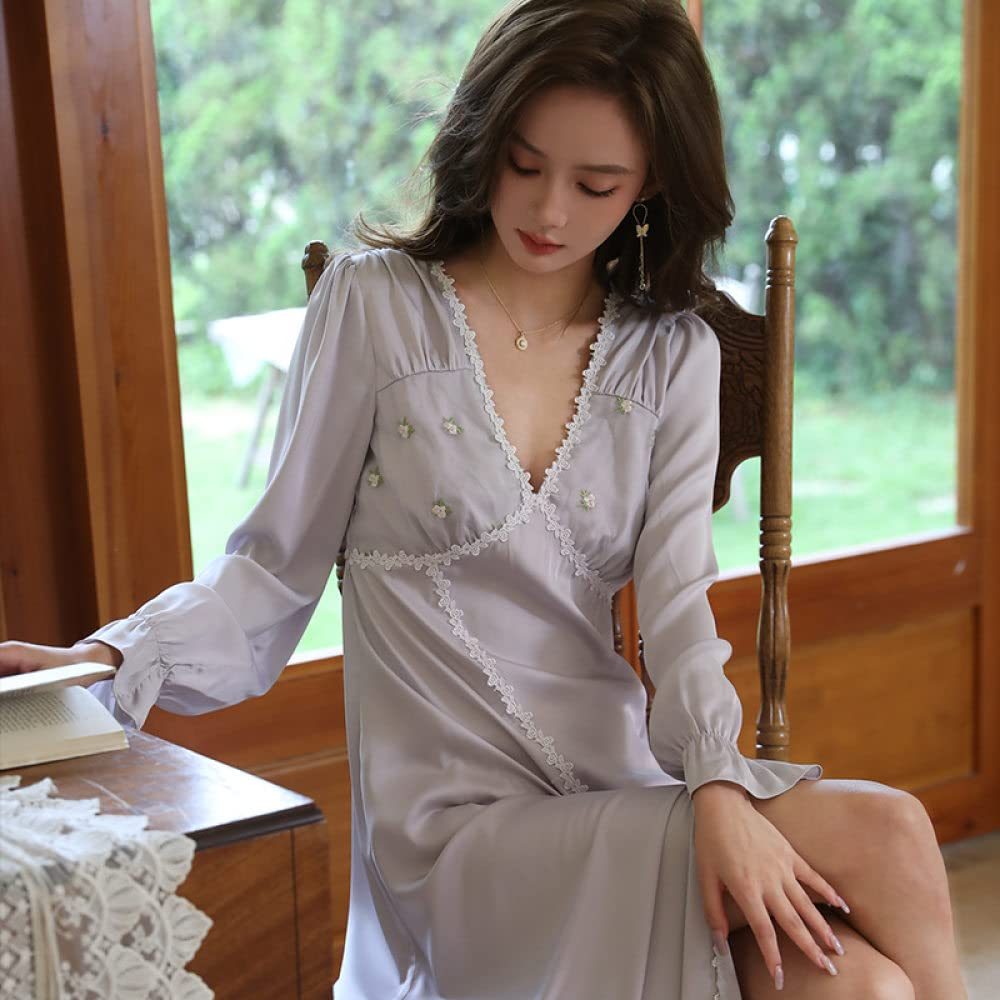 Nachthemd,Damen-Nachthemden Grauer Satin V-Ausschnitt Blumenspitze Schlitz Sexy Schlafhemd Weiches, Bequemes Nachthemd Mit Langen Ärmeln, Loungewear Für Damen, Mädchen, Pyjama-Party, Weihnachts-N