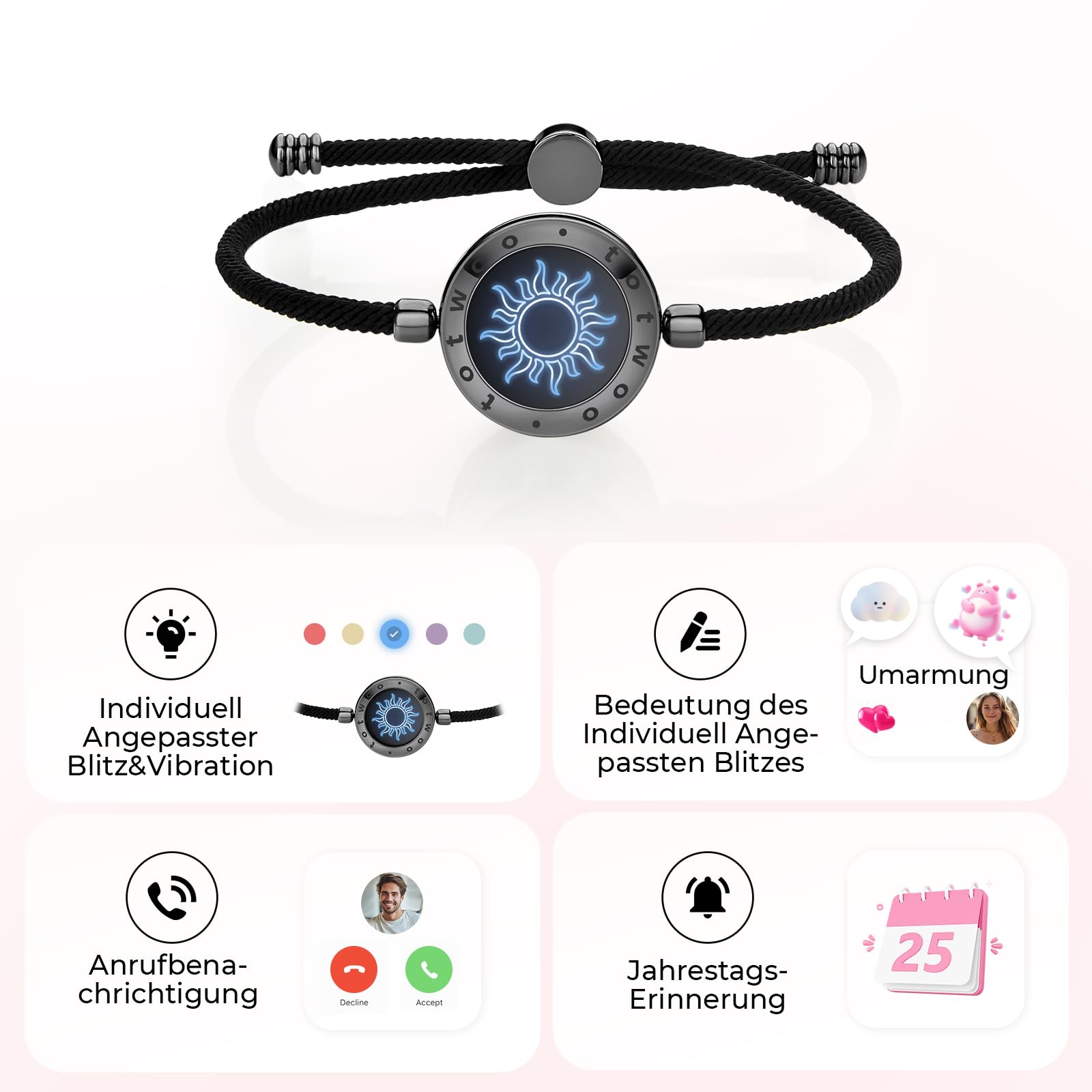 TOTWOO Pulsera de pareja a Distancia – Conexión por Bluetooth con Vibración, Iluminación y Función Táctil – Regalo Romántico para Amor a Distancia