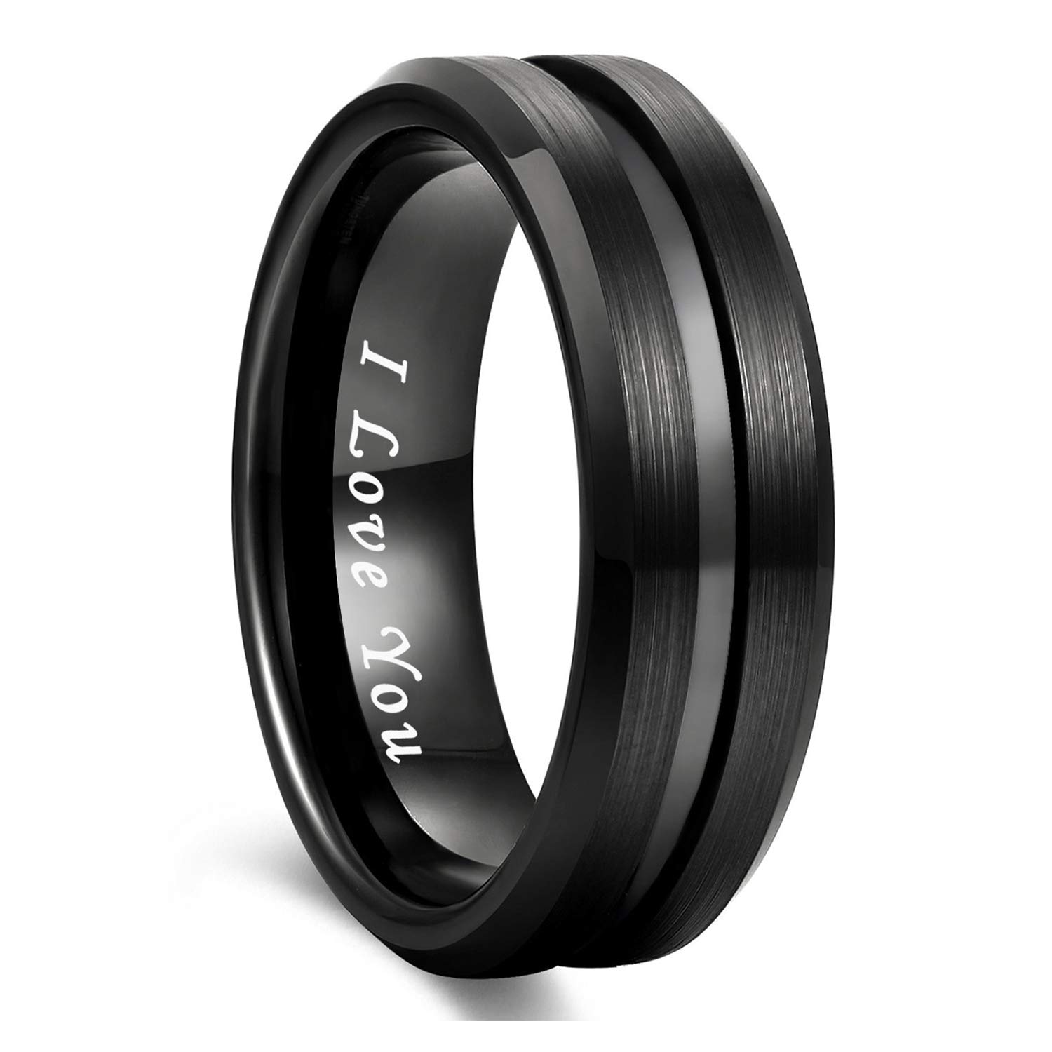 GreenpodMens Tungsten Ring Wedding Band 6mm 8mm 10mm Engraved I Love You Thin Blue/Rose Gold/Black Centre Groove Comfort Fit Size 6-17
