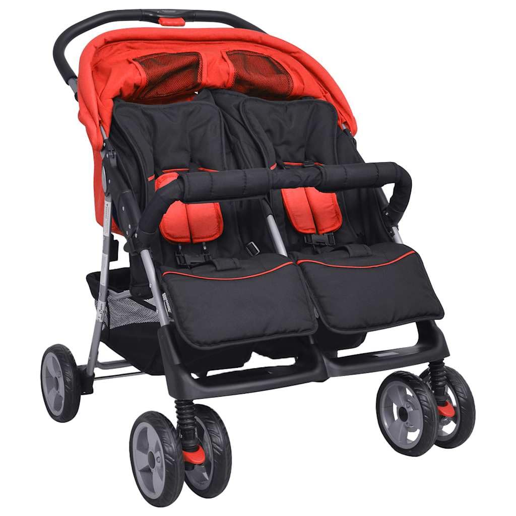 Poussette Double, Poussette Deux Places pour Jumeaux Pliable Acier Rouge et noir