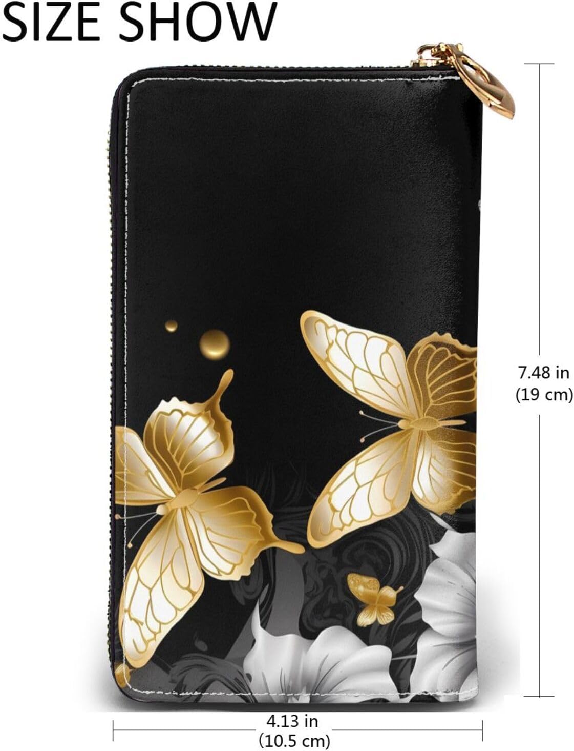 Gold White Butterflies Black Zip Around Long Wallet Pu Leather Travel Card Holder Purse Clutch Bag For Women Men