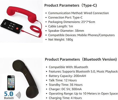 Miniatura 7 de Tipo C - Receptor de mango de teléfono retro estilo teléfono, auricular de teléfono Bluetooth para teléfono móvil, receptor de teléfono celular de