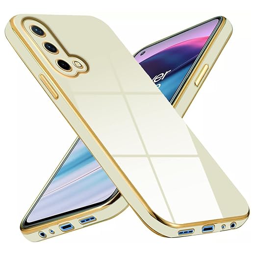 6D Chrome Back Cover Case for Oneplus Nord CE 5G | (Gold Plated Frame | Glossy Backside -Off White)