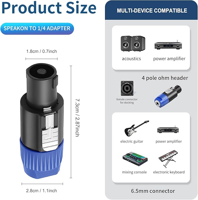 Adaptador Speakon a 1/4 Pulgadas 2 Piezas Conector NL4FC Macho a Hembra miniatura 2