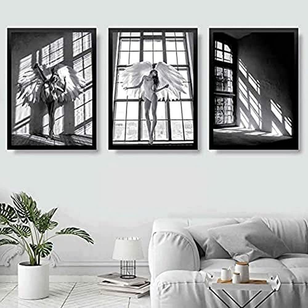 Artze Wall Art Fashion Woman Angel Wings Window Shadow Monochrome Photograph Gallery Wall Art Print Picture Poster 3-Piece Set
