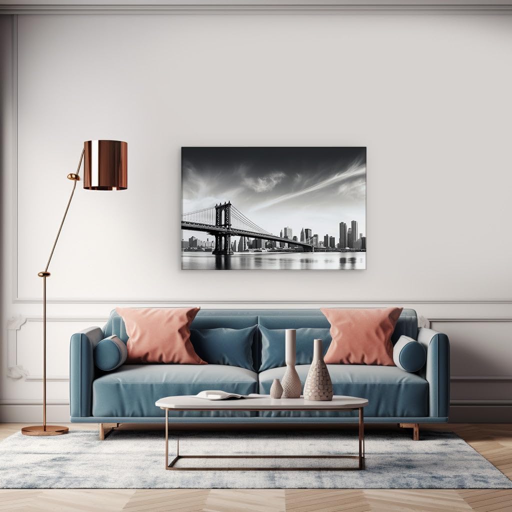 Canvas for Living room. Brooklyn Bridge Majesty - A Panoramic Journey in Black and White, 27 x 18 inch Canvas Wall Art - Ready to Hang